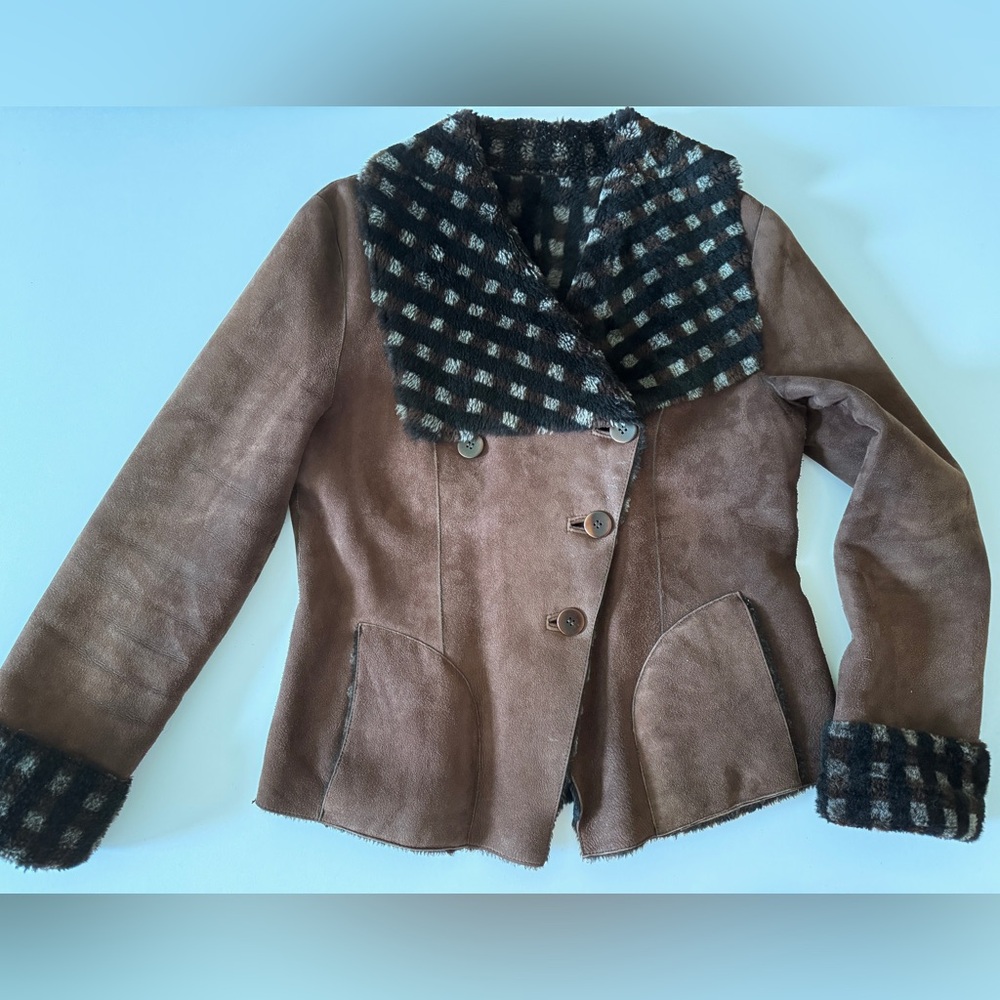 ARMANI COLLEZIONI Suede Real Leather/Shearling Fur Reversible Short Jacket Sz46